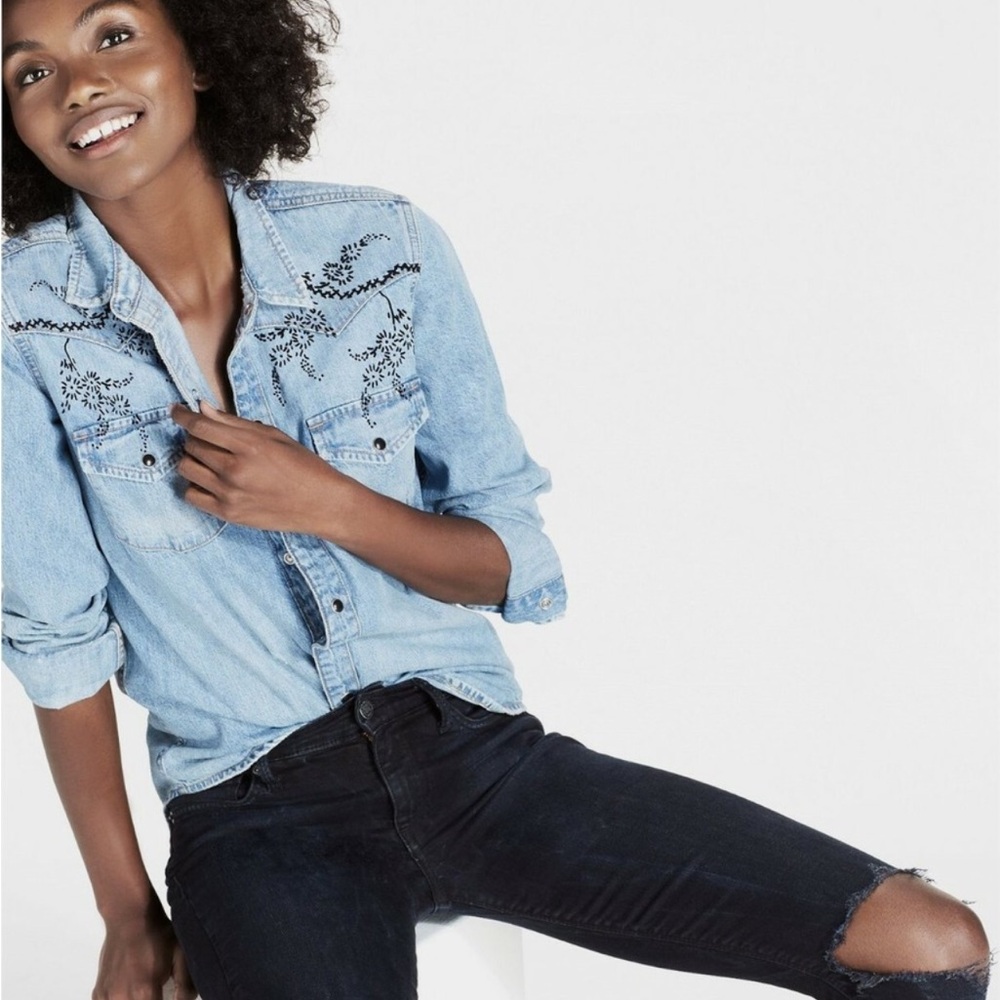 Lucky Brand Western Denim Chambray Button Down with Velvet Flocking size 1X